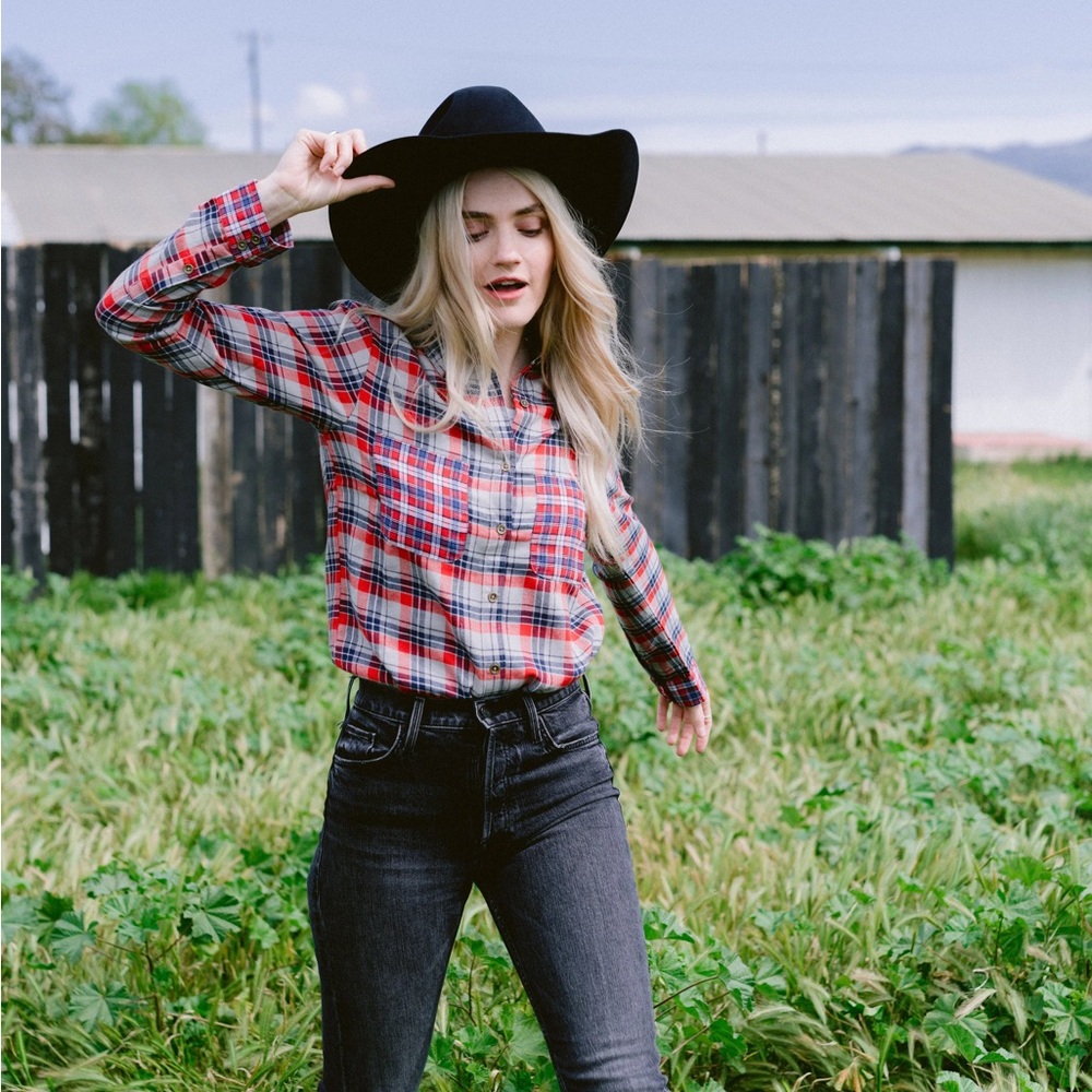 Nightcap Gone With the West blue red plaid flannel button down shirt top XS S M